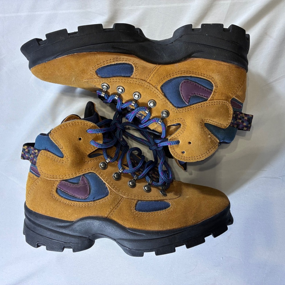 VTG 1995 Nike ACG Hiking Boots Tan Suede Blue Purple Womens 7.5 Rare